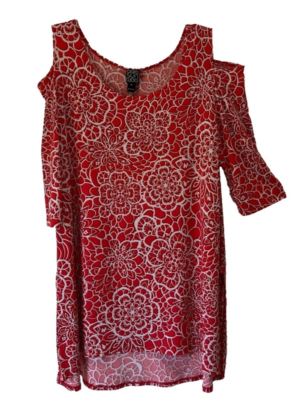 Clara Sun Woo Floral Tunic XL Red Shirt Women's Cold Shoulder Blouse Top Travel